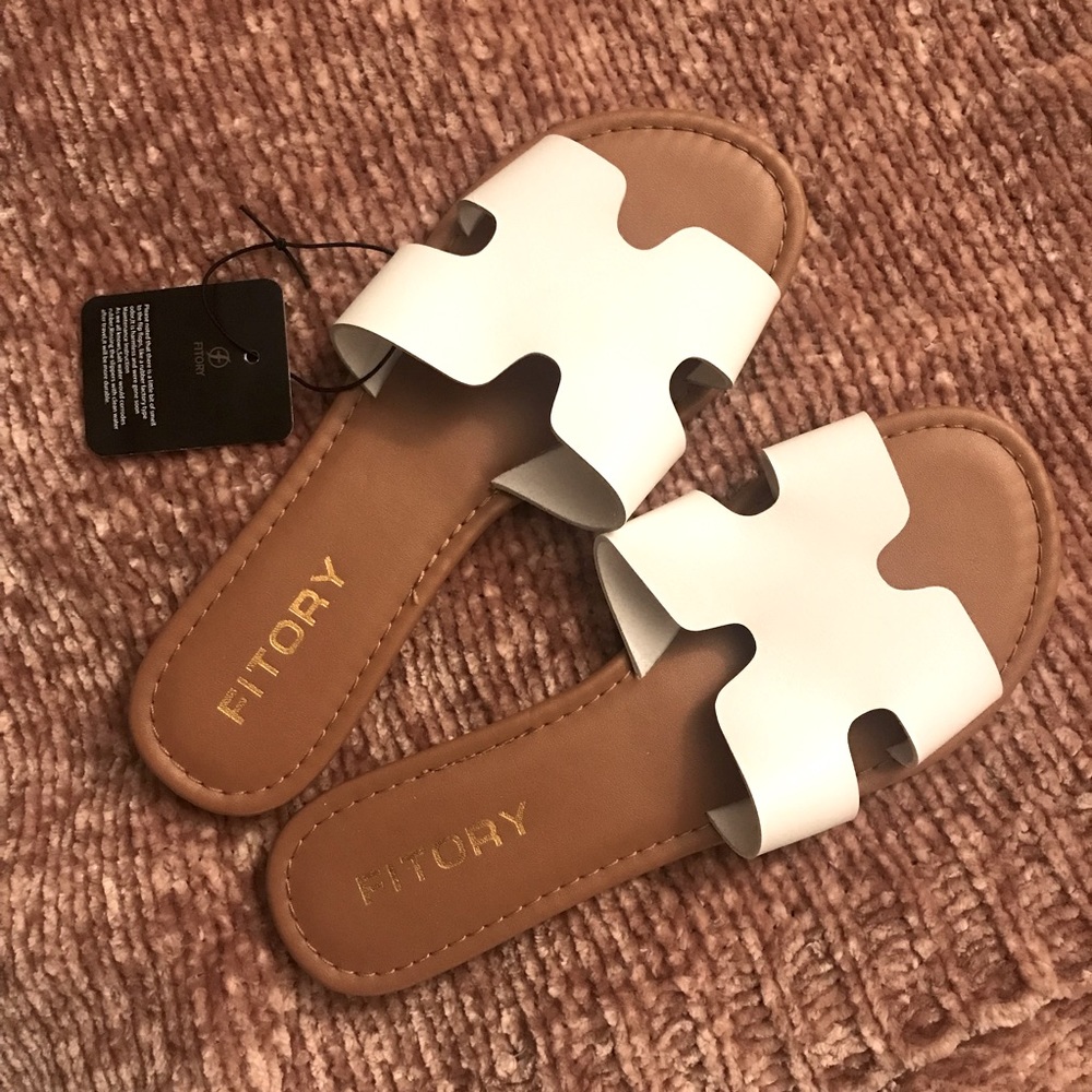 White Open Toed Slide On Sandals